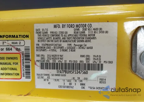 2015 Ford Mustang Ecoboost Premium из США, поврежденный, VIN 1FATP8UH5F5347560